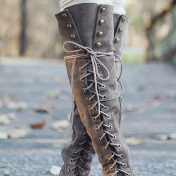 Free People +Jeffrey Campbell Joe Lace-Up Over-the-Knee Boots Light Grey sz 7 - Picture 10 of 16